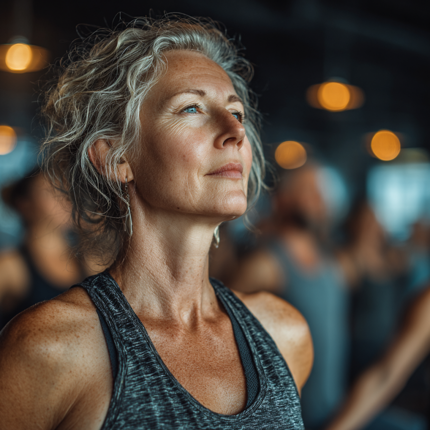 Літня жінка практикує йогу на природі